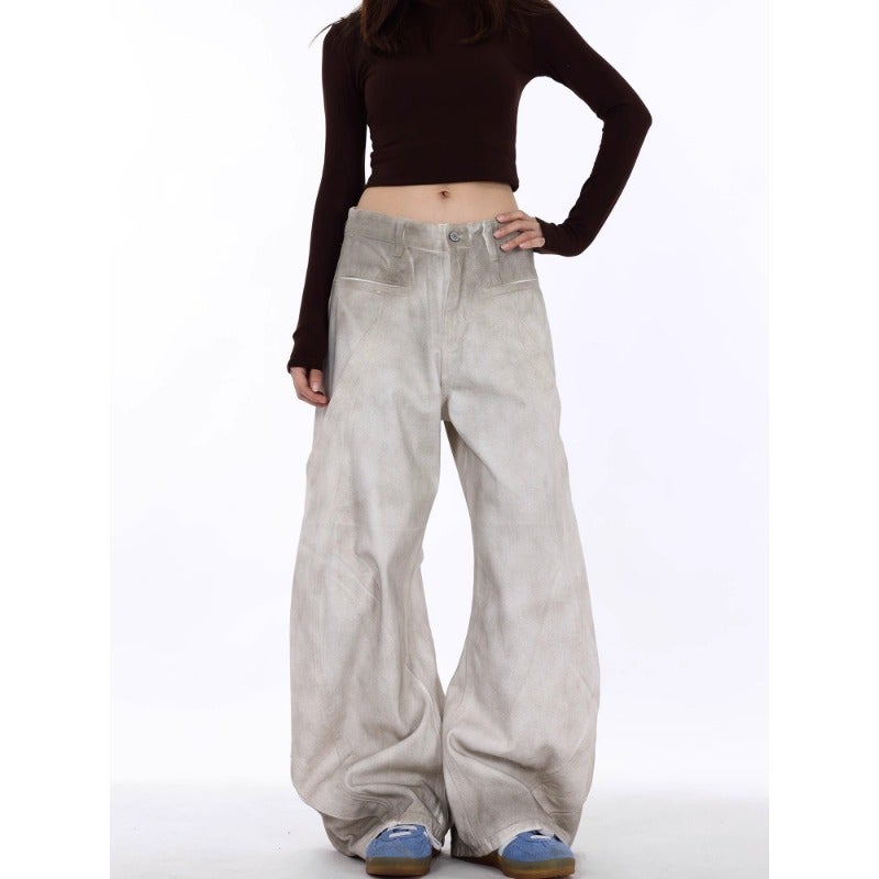 American High Street Retro Distressed Dirty Washed White Scimitar Jeans Ins Deconstructed Tailoring Niche Design Wide Leg Pants - Image 2